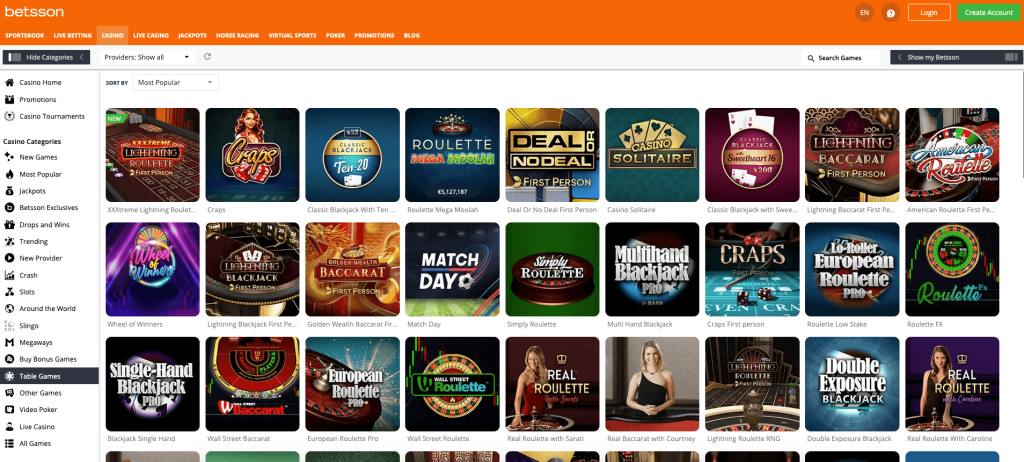 Table games at Betsson Casino