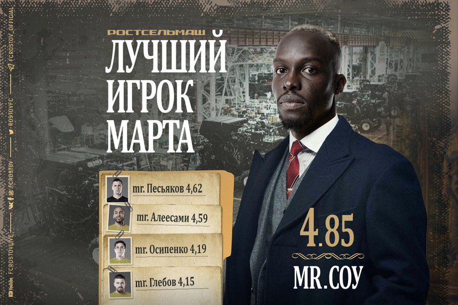 Aли Соу е най-добрият играч на Ростов за месец март 1